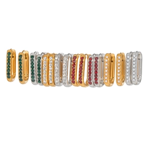 U-shaped stainless steel earrings with pavé crystals and pearls in gold and silver