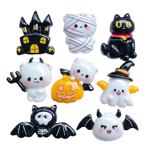 Set of 8 Halloween resin charms featuring ghosts, pumpkins, black cats, and bats on white
