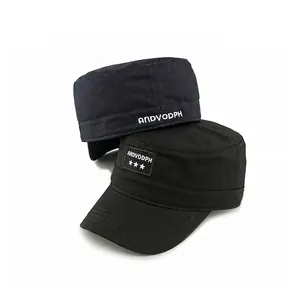 Black and navy blue cotton military flat top caps with star embroidery details