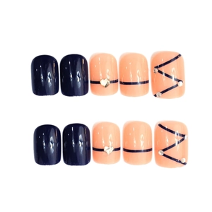 Blue galaxy style press-on nails with heart charms and rhinestones for women