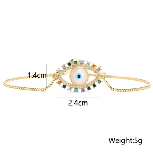 Detail view of evil eye bracelet showing dimensions 2.4cm by 1.4cm and 5g weight