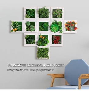 Detailed wall decor showing 11 square frames with vibrant faux succulent plants and green leaf