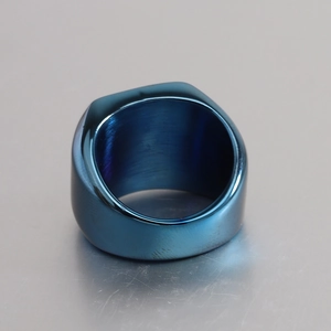 Mens 18mm square blue stainless steel ring with laser engraved alphabet on brushed surface