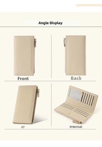 Multi-angle views of a beige pebbled leather long wallet with card slots and zipper pocket
