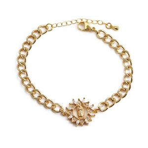 Bohemian gold plated adjustable bracelet with Virgin Mary sunburst pendant and crystals