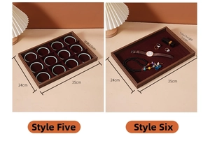 Walnut finish jewelry display tray with red velvet compartments and open storage