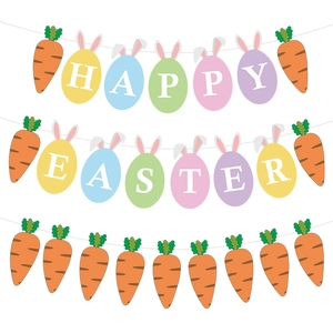 Colorful Happy Easter egg banner with cute bunny ears and hanging carrot decorations