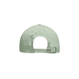 Detail of adjustable metal buckle and breathable quick-dry fabric on green baseball cap