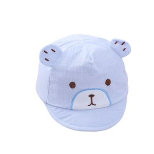 Light blue newborn baby cap with cute bear ears and embroidered bear face design