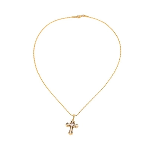 Elegant gold stainless steel necklace featuring a crystal-studded cross pendant on white back