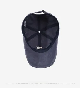 Detail of dark blue baseball cap interior with sweatband and reinforced stitching
