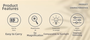 Features of portable makeup mirror with 5X magnification and step-less brightness adjustment