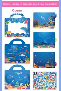 Detail view of Ocean World children sticker book set with diverse marine life scenes