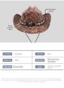 Detailed size chart for the vintage faux suede cowboy hat with dimensions and specifications
