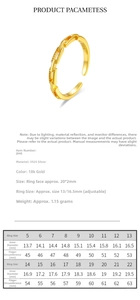 Detailed size chart for the S925 silver adjustable ring showing diameters and dimensions