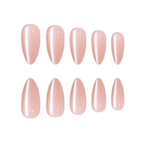 Long almond cat-eye press-on nails with 3D pearlescent pink glitter finish on white background