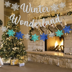 Guirlande de paillettes Winter Wonderland avec flocons argentés et bleus pour décoration