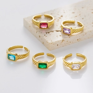 Rectangular Cubic Zirconia Vintage Gold Plated Stainless Steel Ring With Twisted Texture Adjustable Open Design Jewelry