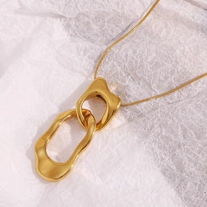 Irregular interlocking double rings pendant on gold plated stainless steel snake chain