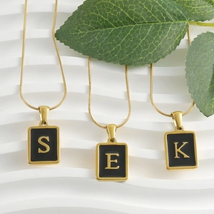 Golden stainless steel snake chain necklaces with square black initial pendants S E K