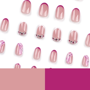 Pink and magenta press-on nails with marble patterns and French tips on white background