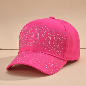 Fashionable rose red baseball cap with sparkling LOVE rhinestone letters for women