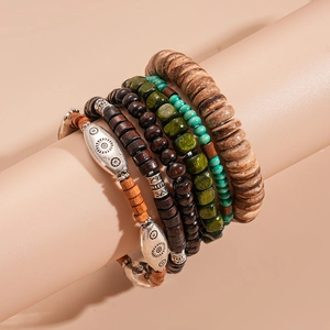 Bohemian six-piece stackable beaded bracelet set with vintage wood and coconut shell beads