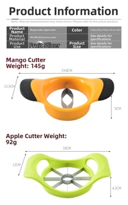 Detailed specs for 430 stainless steel apple and mango slicers with size measurements