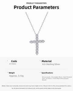 Detail view of 925 sterling silver cross necklace with sparkling zircon and product dimensions