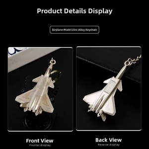 Detailed front and back views of silver zinc alloy fighter jet model keychain