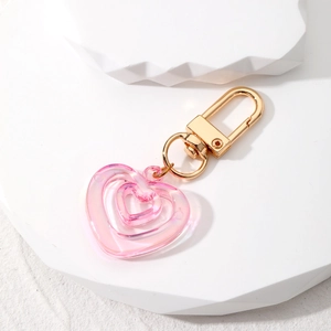 Pink laser translucent acrylic heart keychain with gold ring for bags and keys