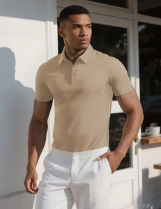 Close-up of khaki piqué polo shirt with ribbed vertical side panels and model styling