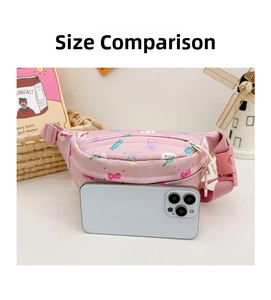 Pink cartoon fanny pack detail showing size comparison with a smartphone and cute prints