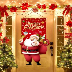 Outdoor Merry Christmas door banner featuring cartoon Santa and festive red background