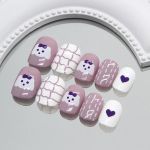 Press On Nails Cute Cartoon Dog Heart Grid Pattern Artificial Fake Nails Sweet Style For Women Kids