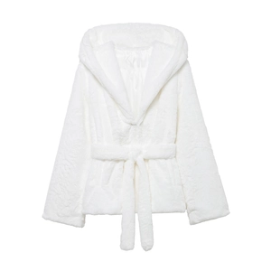 Women Faux Fur Coat Hooded Belted Short Soft Winter Jacket Solid White Outerwear