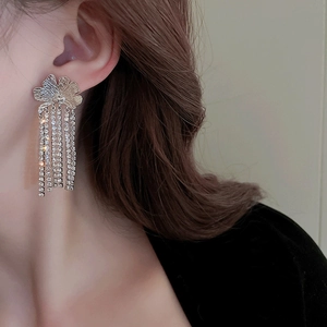 Close-up of elegant silver flower earrings with long shimmering rhinestone tassels on model