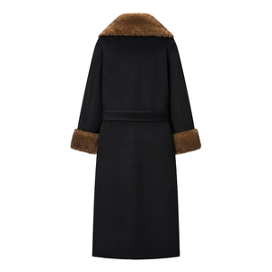 Manteau long en laine noir pour femme avec col en fausse fourrure marron et ceinture