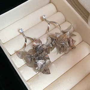 Detail of silver leaf tassel earrings with clear cubic zirconia in a jewelry box