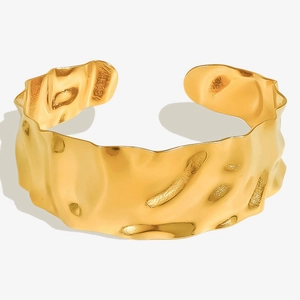 Minimalist wide hammered 18k gold plated stainless steel open cuff bracelet for women