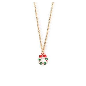 Detail of Christmas wreath pendant with red bow and gold chain in festive enamel finish