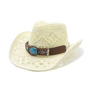 Hollow out straw cowboy hat with turquoise leather band and wide brim for sun protection