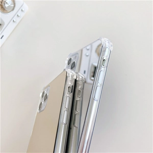 Detail view of iPhone acrylic mirror case featuring reinforced shockproof air-cushion corners