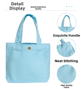 Détails du sac cabas en toile bleu clair montrant les coutures, la poignée et le bouton