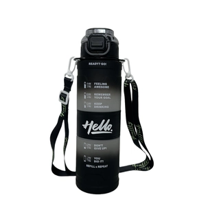 Detail of gradient plastic sports bottle with healthy carry strap and time markers