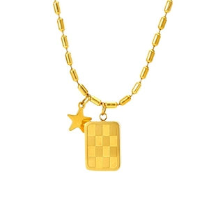 18K gold plated stainless steel beaded necklace featuring star and checkerboard charms