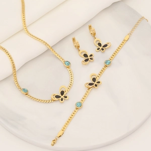 Butterfly Necklace Bracelet And Earrings Stainless Steel Turquoise Inlay Flat Snake Chain Fashion Jewelry Elegant Accessories For Women