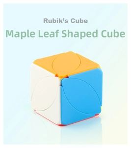 Close-up of a colorful maple leaf skewb puzzle with smooth matte finish on blue background