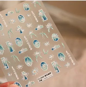 Detailed relief of white night-blooming cereus nail art stickers with vintage green accents