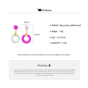 Detailed spec sheet showing purple and marble acrylic earrings with size and material info